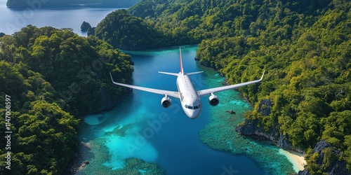 Wallpaper Mural A sleek airplane soaring over a tropical island with vibrant greenery and clear blue waters. Perfect for travel ads and vacation planning themes world winning foto created by ai Torontodigital.ca