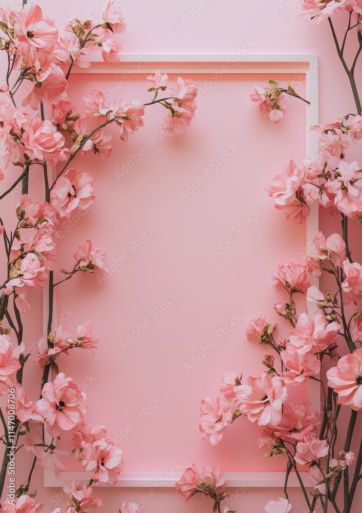 Pink flowers frame pale pink background. Pink flowers frame pale pink background.