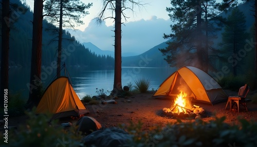 Sitio de campamento pintoresco en la naturaleza con carpas, fogata, bosque, lago y montaña.