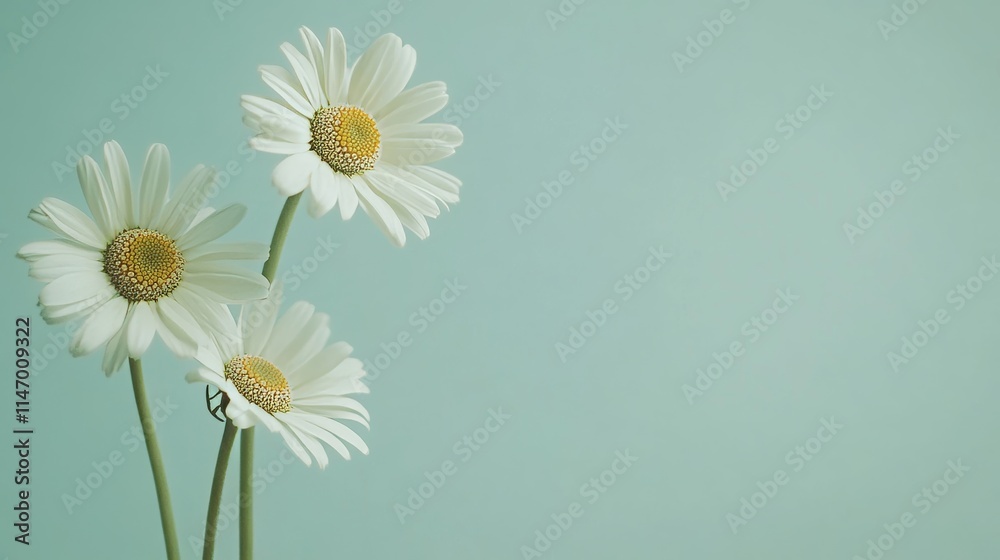 White daisies on a soft mint green background, close-up shot, Minimalist style White daisies on a soft mint green background, close-up shot, Minimalist style