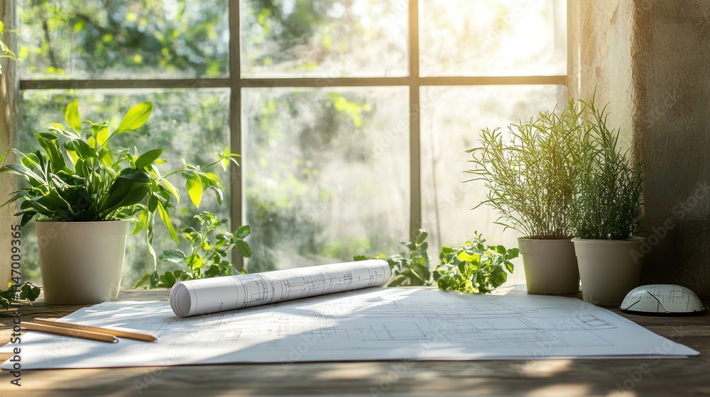 A wooden desk with a rolled-up blueprint, two pencils, and a computer mouse in front of a window with plants and sunlight streaming in. A wooden desk with a rolled-up blueprint, two pencils, and a computer mouse in front of a window with plants and sunlight streaming in.