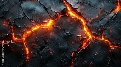 This image depicts a cracked lava surface with fiery orange glowing cracks against a dark background. It symbolizes destruction and heat.