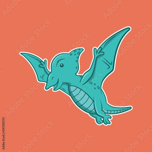 Children's cartoon pterodactyl in blue color with white border