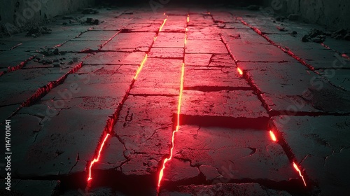 This image shows a scorched terrain with glowing red cracks on a dark surface, suggesting a fiery and destructive environment.