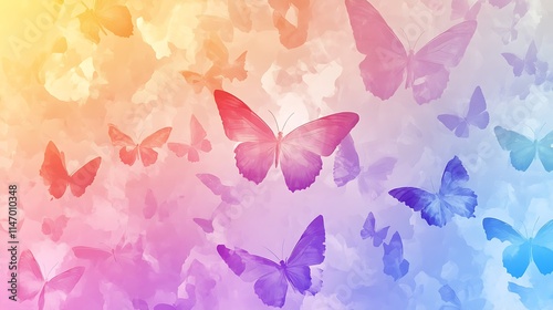 Colorful seamless texture pattern featuring radiant rainbow gradients with morpho butterflies
