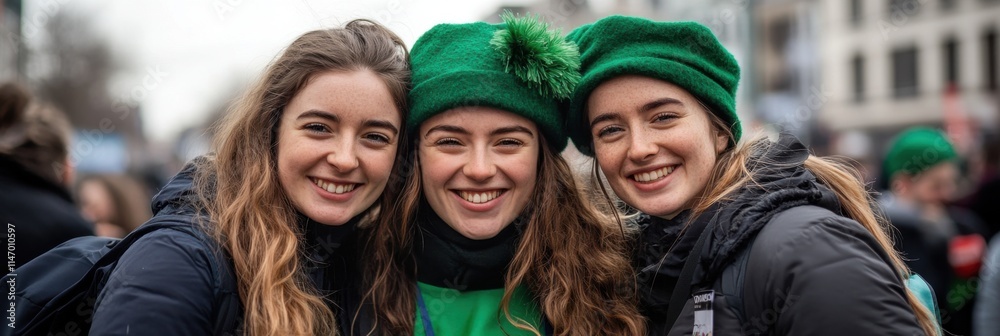 Happy Irish people dressed in green and wearing festive hat celebration during St. Patrick’s Day parade, outdoor festival Happy Irish people dressed in green and wearing festive hat celebration during St. Patrick’s Day parade, outdoor festival