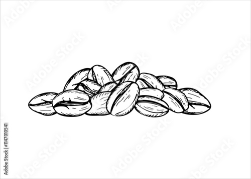 Realistic aromatic roasted coffee bean heap illustration painted by black inks. Organic raw grains with detailed textures. Monochrome flat for cafe coffee product, package decor, poster