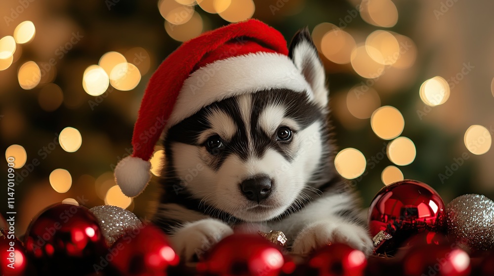 Cute siberian husky puppy in red santa hat with christmas tree and ornaments on christmas festive background Cute siberian husky puppy in red santa hat with christmas tree and ornaments on christmas festive background