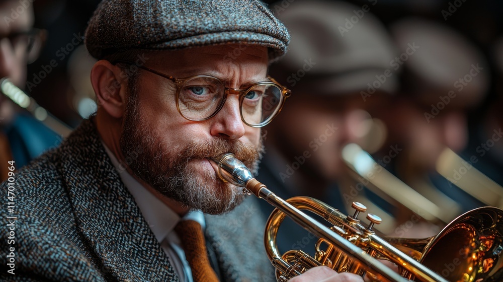 Obraz premium Musician playing a brass instrument during a live orchestral performance