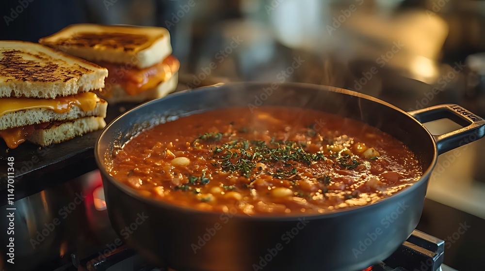 Steaming baked beans in a pot with grilled cheese sandwiches. Steaming baked beans in a pot with grilled cheese sandwiches.