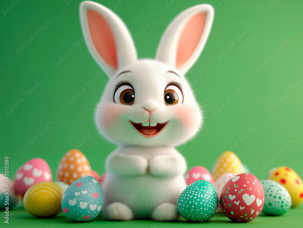 Fototapeta premium White Easter bunny with colorful eggs 