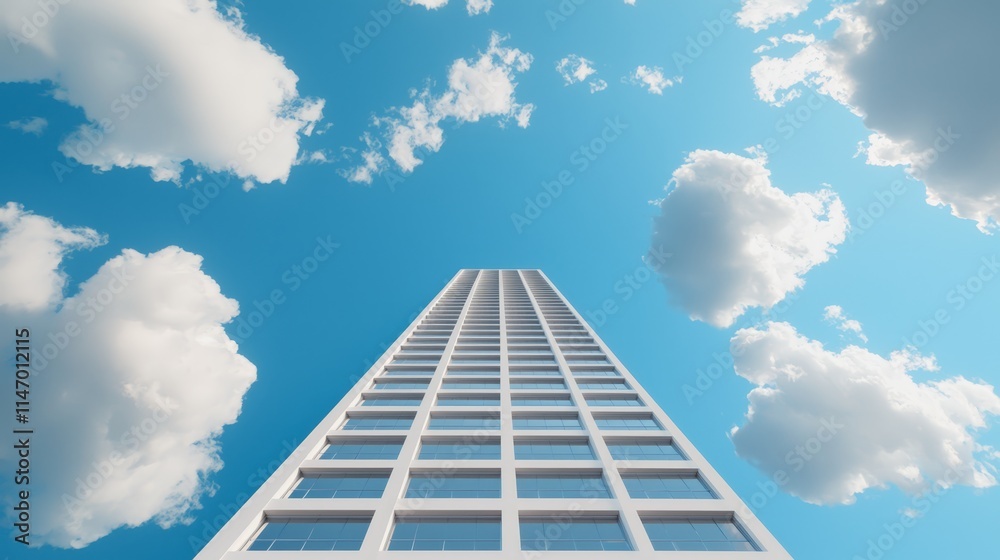 A tall white building with many windows in the sky A tall white building with many windows in the sky