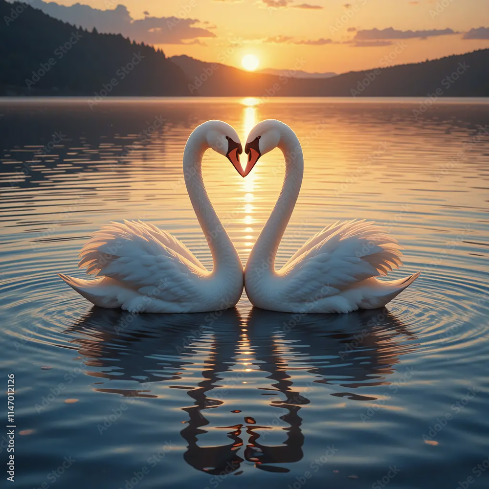 Fototapeta premium Digital illustration of two swans making a heart shape. Sunset landscape, Generative AI. 