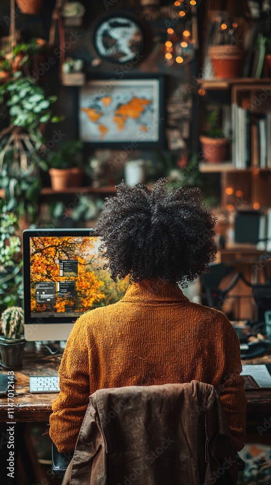 Person Working on a Computer in a Cozy Plant-Filled Workspace Person Working on a Computer in a Cozy Plant-Filled Workspace
