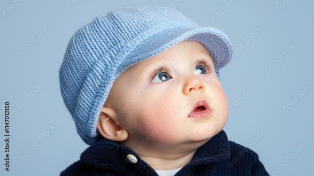 A baby wearing a blue hat looking up at the sky A baby wearing a blue hat looking up at the sky