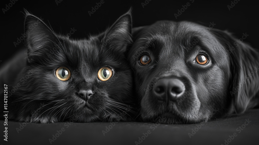 Black cat and black dog sharing a tender moment of friendship Black cat and black dog sharing a tender moment of friendship