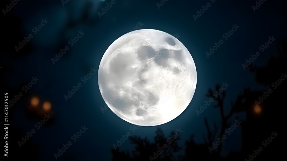 A large, bright moon is shining in the night sky A large, bright moon is shining in the night sky