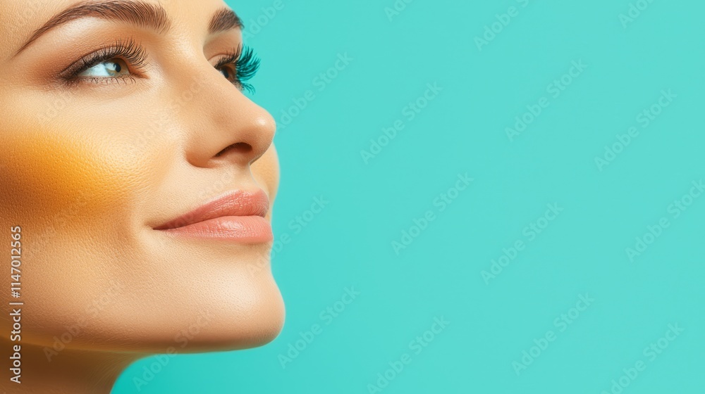 Naklejka premium A woman's face with a bright blue background