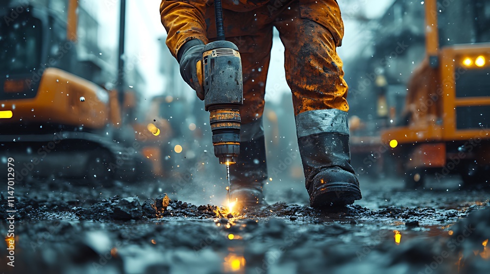 Construction worker using a drill on a wet road during a snowy day. Construction worker using a drill on a wet road during a snowy day.