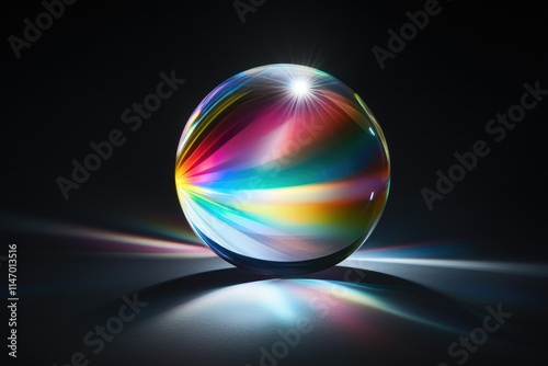 A vibrant, multicolored glass sphere casts rainbow reflections on a dark surface, creating a captivating display of light and color. photo