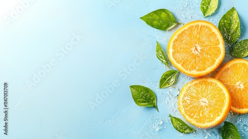 sliced oranges with leaves and water on a blue background
