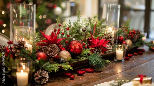 A table is decorated with a Christmas tree and a red and green centerpiece
