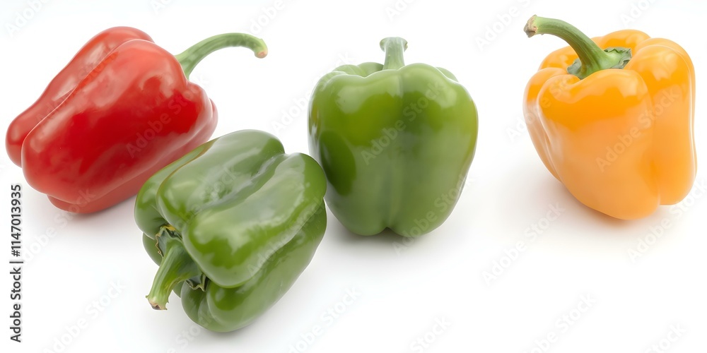 A fresh, colorful bell pepper trio (red, green, yellow) isolated on a white background, full depth of field.