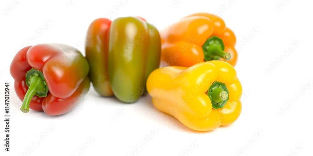 A fresh, colorful bell pepper trio (red, green, yellow) isolated on a white background, full depth of field. A fresh, colorful bell pepper trio (red, green, yellow) isolated on a white background, full depth of field.