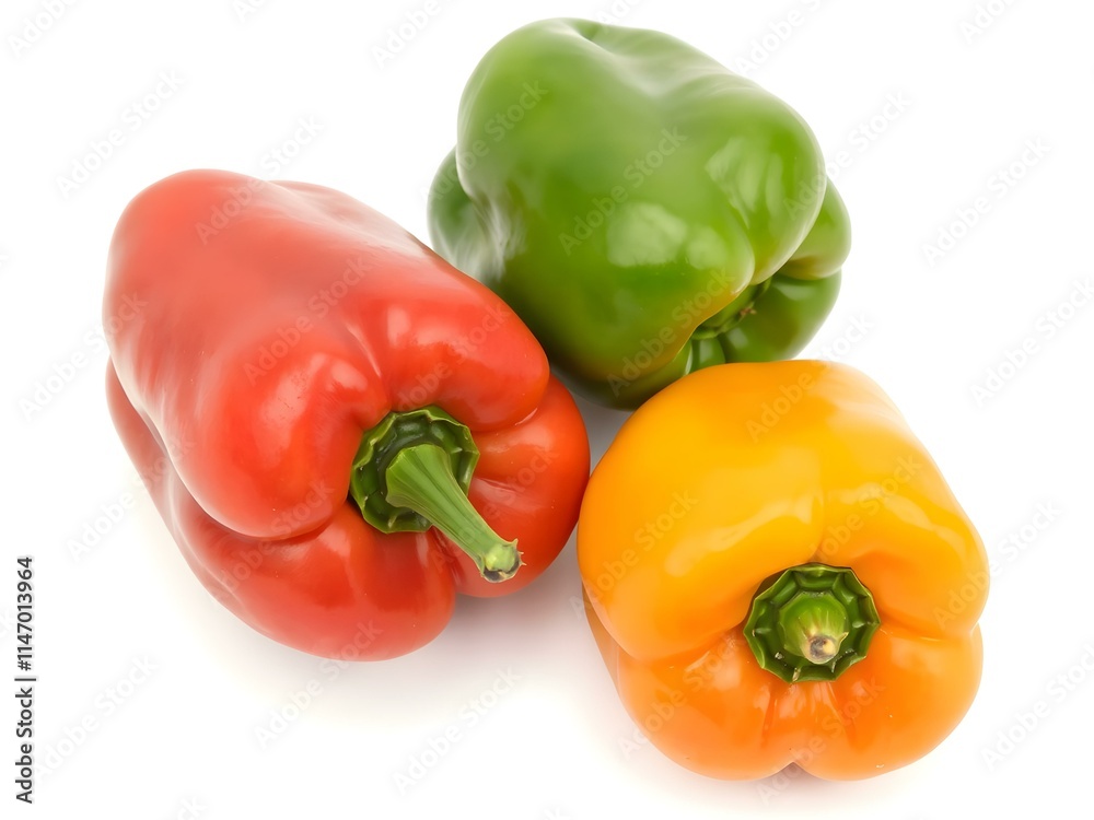 A fresh, colorful bell pepper trio (red, green, yellow) isolated on a white background, full depth of field. A fresh, colorful bell pepper trio (red, green, yellow) isolated on a white background, full depth of field.