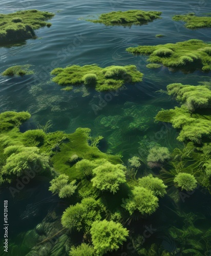 Thick layer of bright green algae covering calm water ,  aquatic,  color,  bright photo