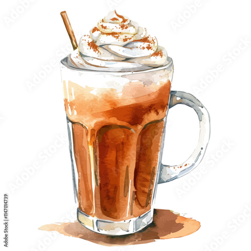 A watercolor vector painting of pumpkin spice latte with whipped cream, isolated on a white background. Pumpkin spice latte vector.

