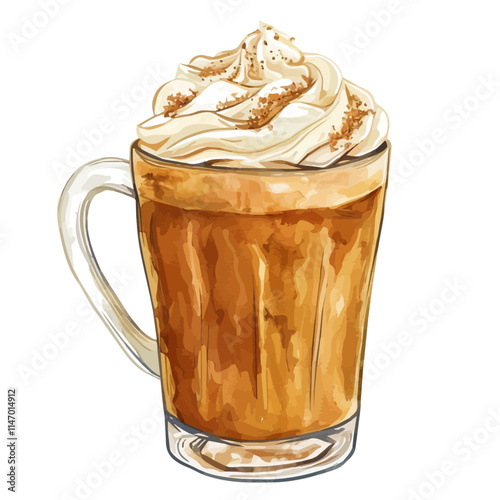 A watercolor vector painting of pumpkin spice latte with whipped cream, isolated on a white background. Pumpkin spice latte vector.

