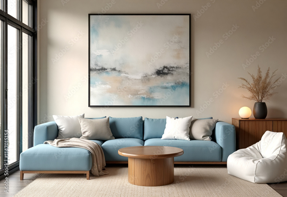 Modern Living Room Interior with Blue Sofa. A cozy and stylish living space featuring a comfortable blue sectional sofa. Modern Living Room Interior with Blue Sofa. A cozy and stylish living space featuring a comfortable blue sectional sofa.