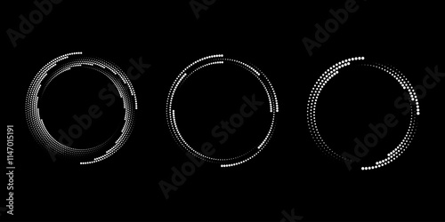 Set of white dotted  vortex shapes. Geometric art. Circle form. Trendy design element for logo, tattoo, sign, symbol, web, prints, posters, social media, template, pattern, abstract backdrop