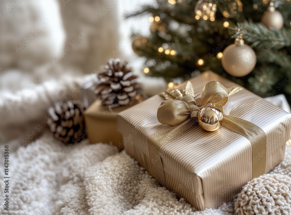 The New Year's gift is in golden color under the New Year tree. The New Year's gift is in golden color under the New Year tree.