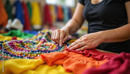 In a lively workshop, a craftsman meticulously assembles colorful samba costumes, showcasing the intricate details and vibrant beads. The creative atmosphere sets the stage for Carnival