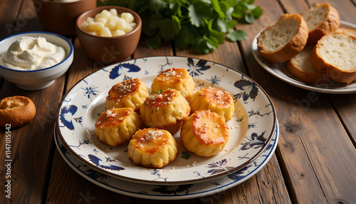  Potato croquettes with crispy golden crust on floral plate