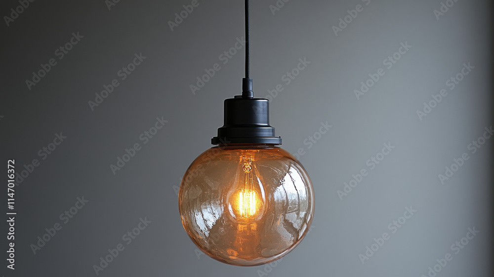 Glowing amber glass globe pendant lamp hanging against a gray wall. Glowing amber glass globe pendant lamp hanging against a gray wall.