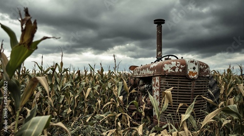 A close-up of an old, rusty tractor in a field with wilted corn stalks and approaching storm clouds. The image conveys a sense of decline in farming.