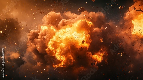 Extreme fiery explosion with orange and brown clouds of debris photo