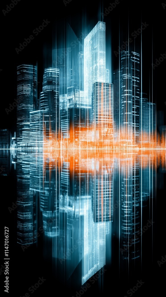 Futuristic cityscape with glowing skyscrapers and digital grid overlay, abstract urban background Futuristic cityscape with glowing skyscrapers and digital grid overlay, abstract urban background
