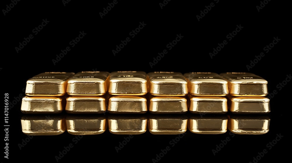 Luxurious gold bars stacked perfectly on a smooth polished reflective surface Luxurious gold bars stacked perfectly on a smooth polished reflective surface
