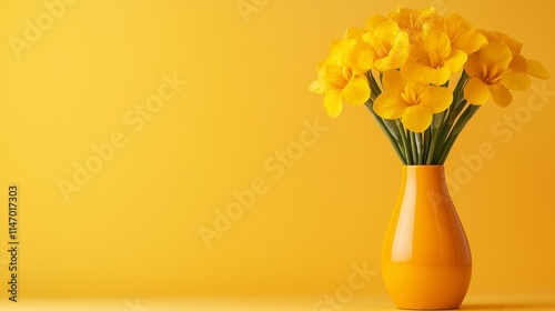 A yellow vase filled with yellow flowers on a yellow background