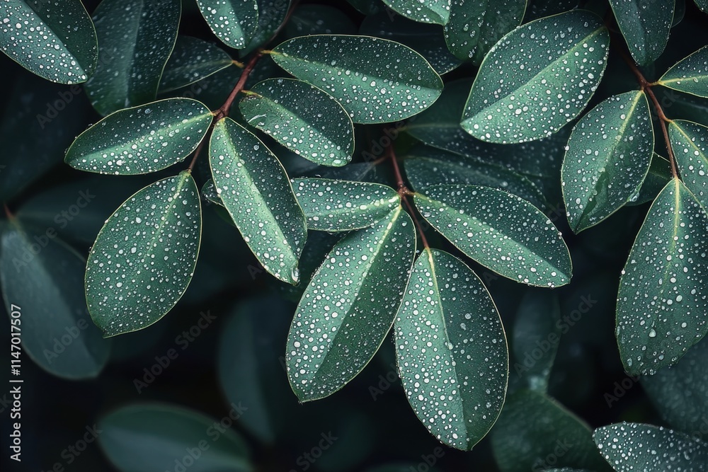 Fototapeta premium Fresh green leaves adorned with raindrops glistening in natural light after a refreshing rain shower in a serene