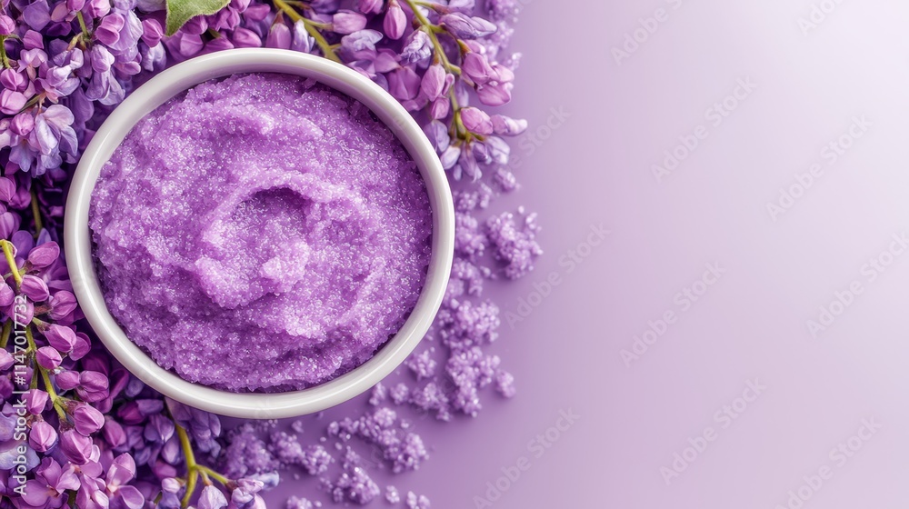 A bowl of lavender bath salts surrounded by lilac flowers on a purple background A bowl of lavender bath salts surrounded by lilac flowers on a purple background