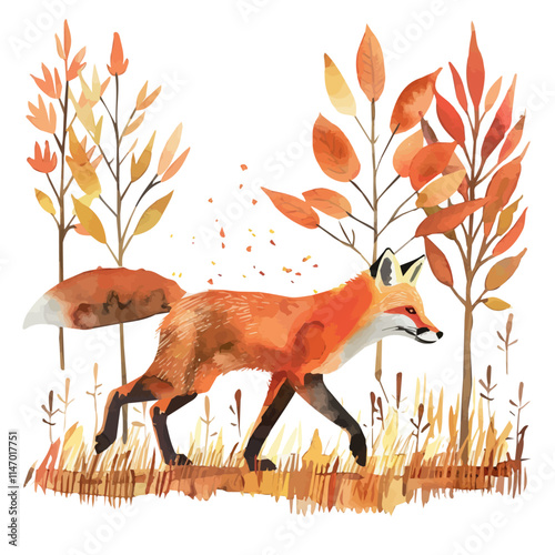 A watercolor vector painting of a red fox wandering through a fall forest, isolated on a white background. Red fox vector.

