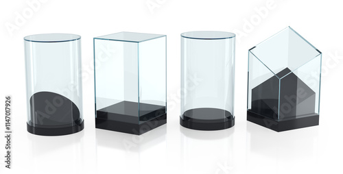 Set of transparent acrylic display cases of different shapes on white background. 3d illustration