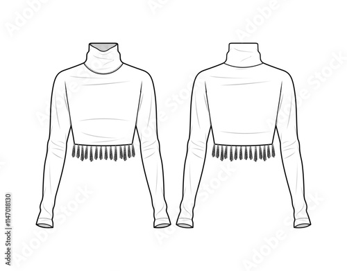 High Neck Long Sleeve Crop Top With Tassels, Tassels Party Crop Tee Front and Back View. Fashion Illustration, Vector, CAD, Technical Drawing, Flat Drawing, Template, Mockup.