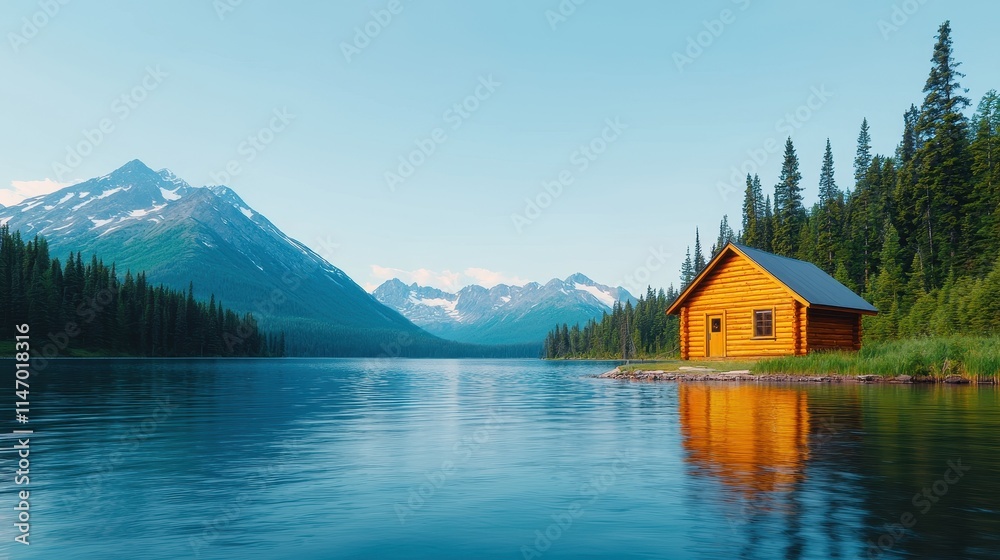 Fototapeta premium A serene lakeside cabin surrounded by tall trees and majestic mountains under a clear blue sky, reflecting beautifully on the calm water.