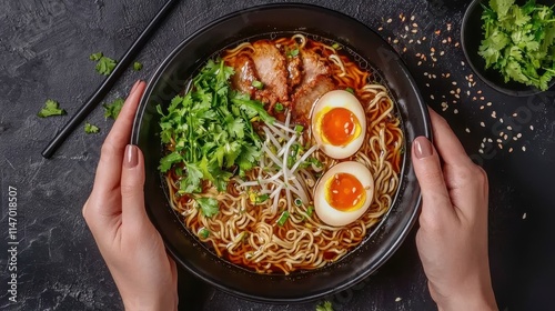 A delicious bowl of ramen topped with sliced meat, soft-boiled eggs, and fresh greens, held by hands, ready to eat. photo